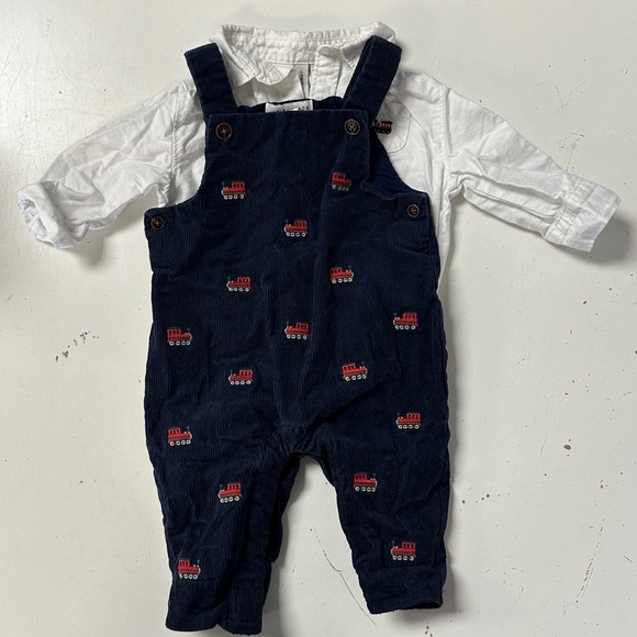 Janie and Jack Holiday Train Corduroy Overalls Oxford Dress Shirt Navy 0-3 - Picture 2 of 6